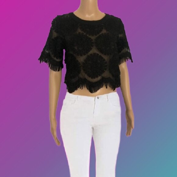 GRACIA Fringed Lace Rosettes Short Sleeves Cropped Black Blouse Size S NEW w Tag - Picture 1 of 7